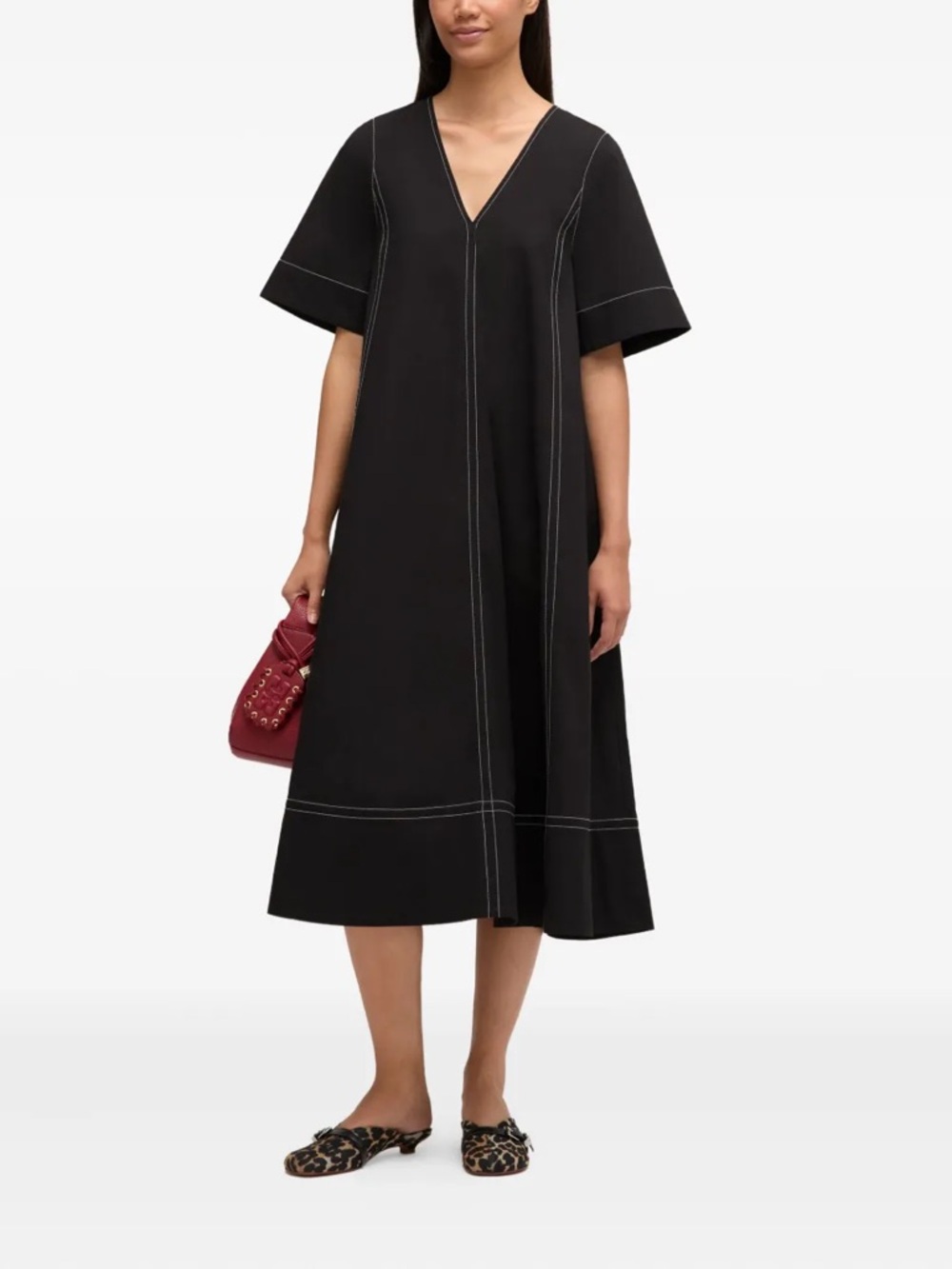 Ganni Black V‑Neck Maxi Dress with Contrast Stitching retails for $225